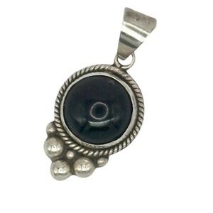 Vintage Mexican Sterling Silver Black Onyx Pendant 925 Taxco Style Rope Bead